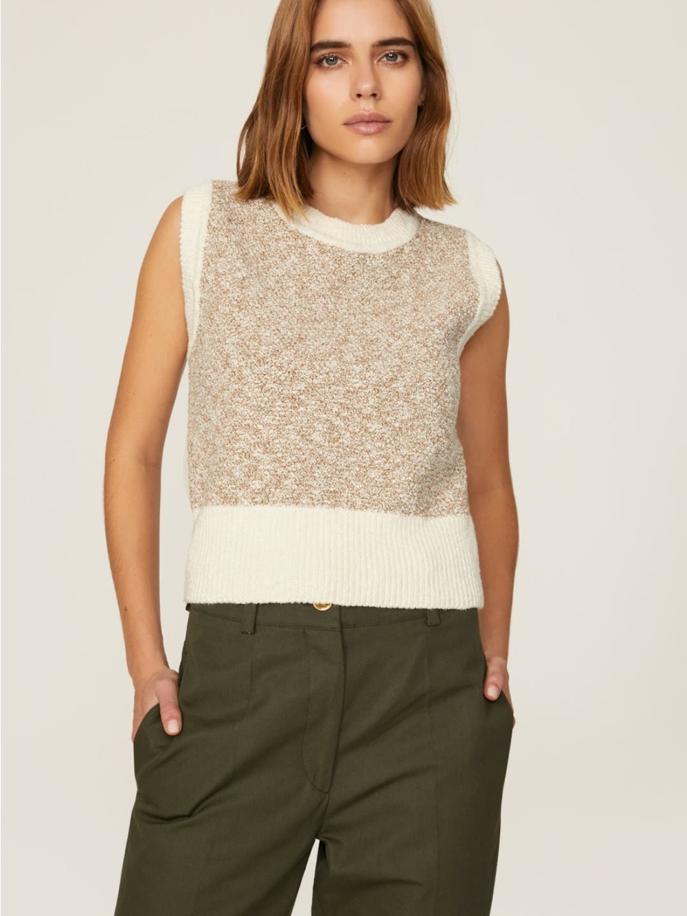 Veronica Beard  Sorkin Cream and Tan Marled Sleeveless V-Neck Sweater Vest.